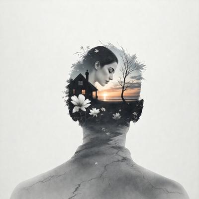 Primary subject: A woman's head with a house in the background.

Setting/background: The woman's head is in front of a house, and there is a tree in the background.

Visual style: The image is a black and white illustration.

Colors and mood: The image has a monochromatic color scheme, giving it a classic and timeless feel.